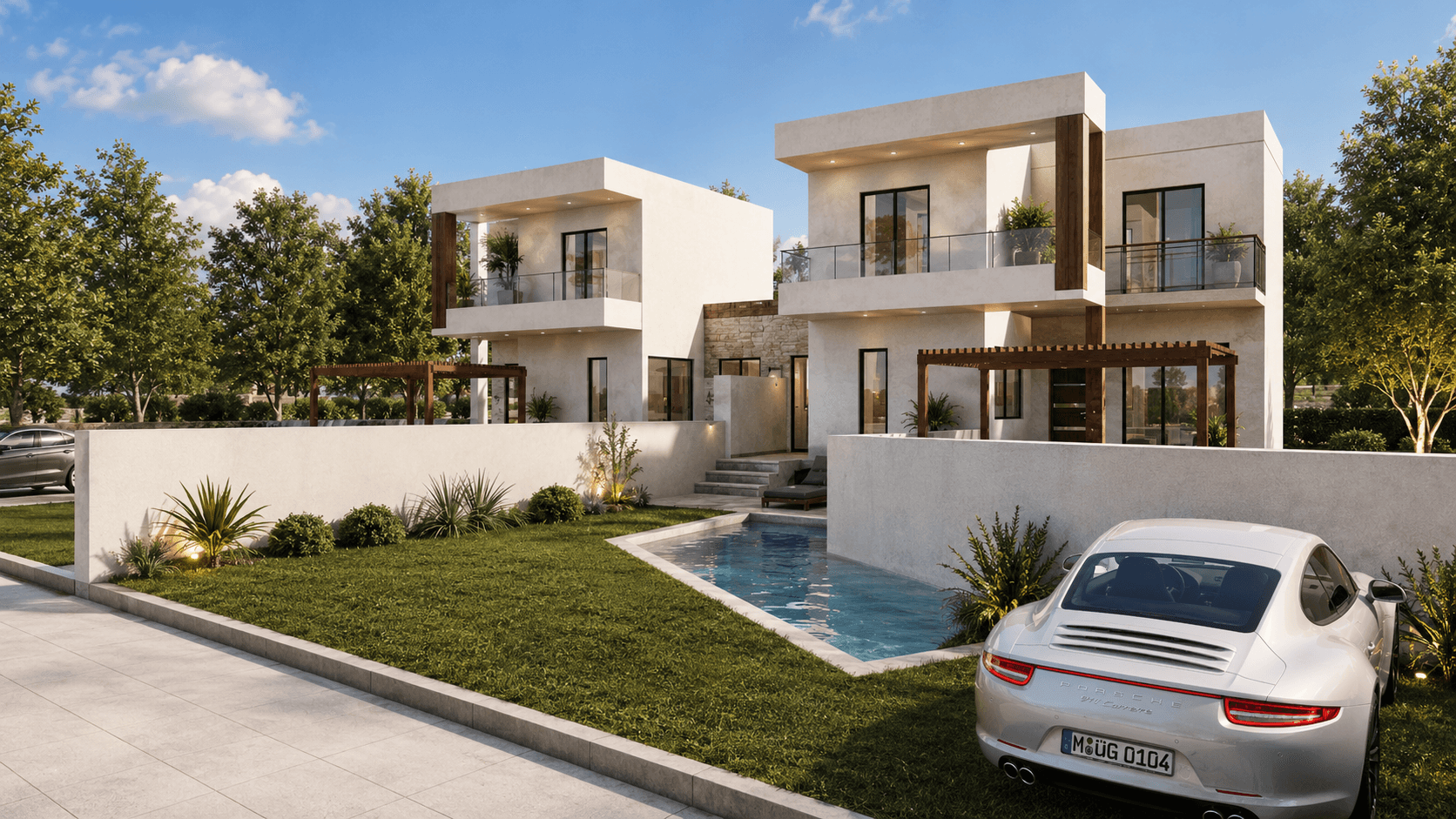 Άποψη από τον δρόμο με τις εισόδους και τα γκαράζ