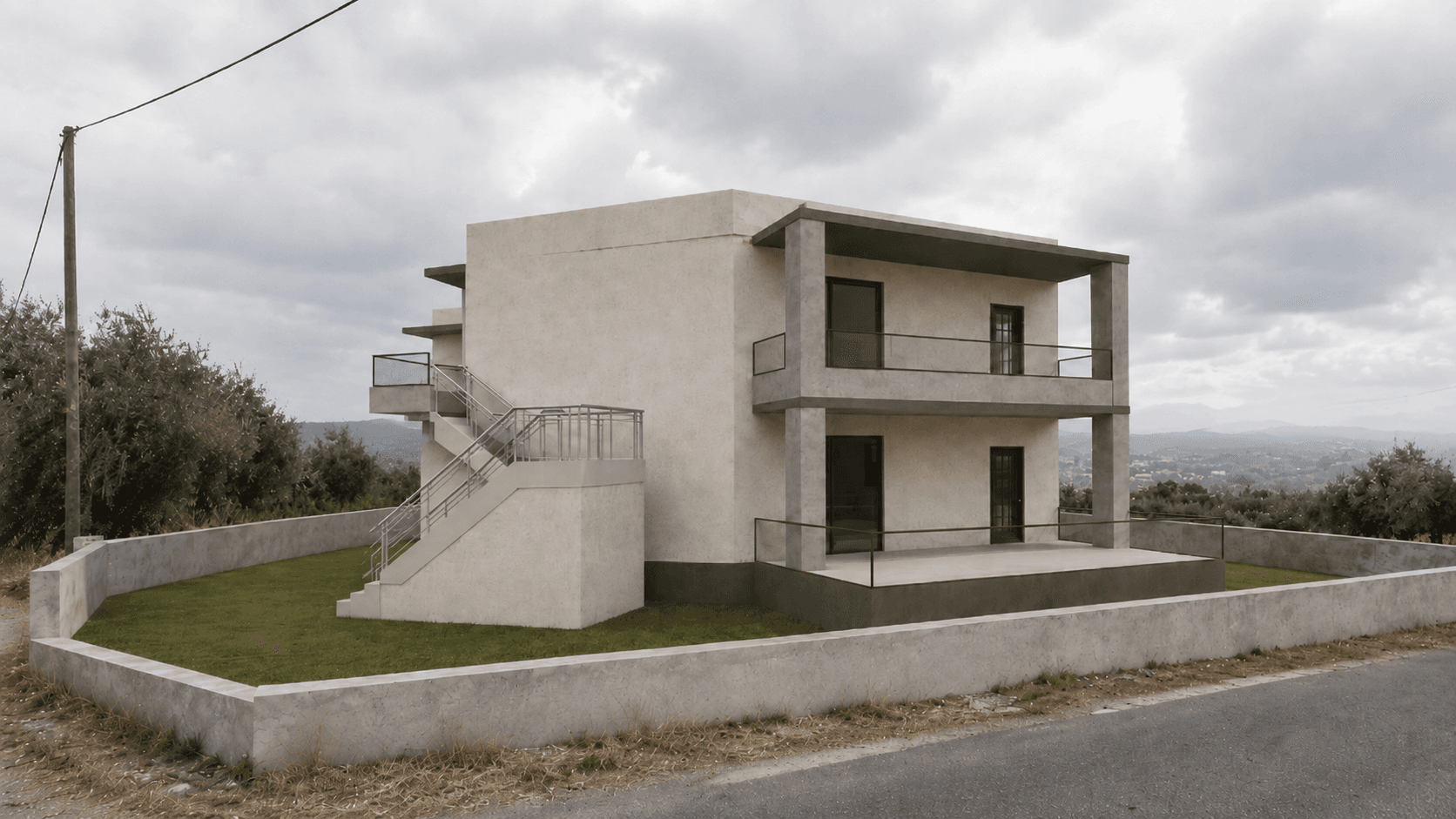 Η πίσω όψη με το εξωτερικό κλιμακοστάσιο και τη βεράντα