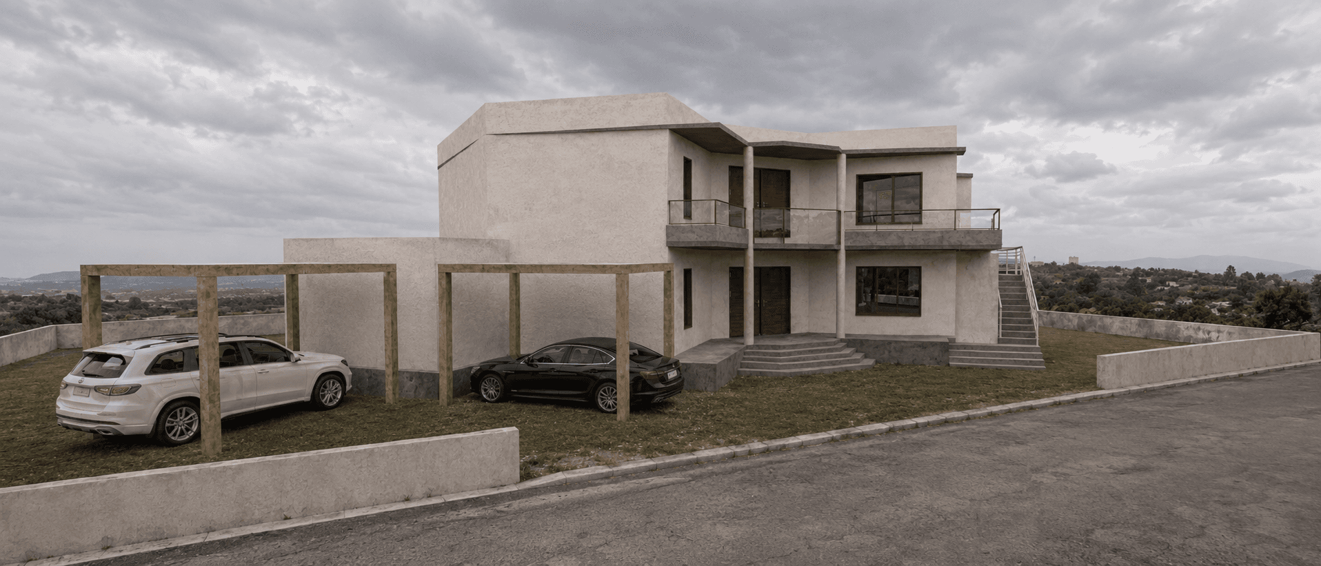 Η πρόσοψη της κατοικίας με τις πέργκολες στάθμευσης
