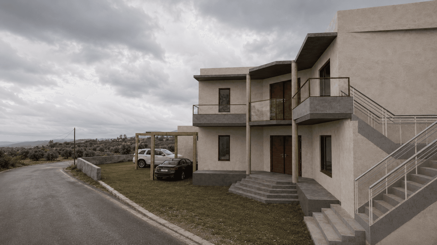 Η είσοδος και τα μπαλκόνια με θέα στους ελαιώνες